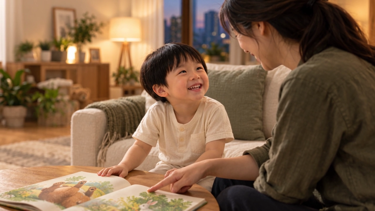 小朋友與姐姐笑住閱讀同一本圖書