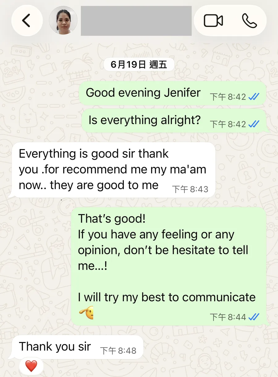 WhatsApp 截圖：在職姐姐回覆 Everything is good sir, thank you for recommend me my ma'am now, they are good to me